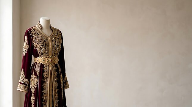 Traditional moroccan kaftan with intricate gold embroidery and belt
