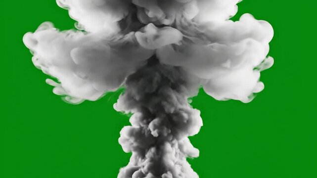 Nuclear Explosion Effect on Green Screen: A powerful mushroom cloud of smoke and debris billows upwards, set against a green screen backdrop, perfect for visual effects and cinematic scenes.