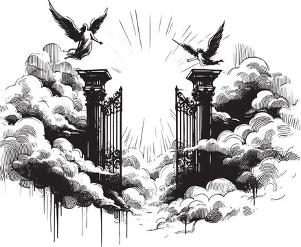 Heavenly realm illustration, angels flying through gates into lu