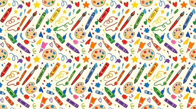 Colorful hand drawn art supplies seamless pattern with school tools