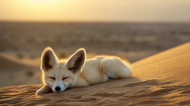 Adorable Fennec Fox Resting on Desert Sand Dunes During Golden Hour