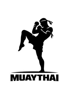 Promo muay thai branding logotype with word muaythai and fighter silhouette illustration
