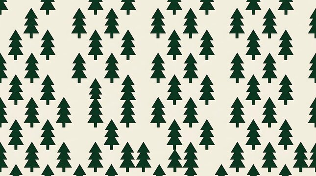 Seamless pattern of dark green evergreen trees on cream background
