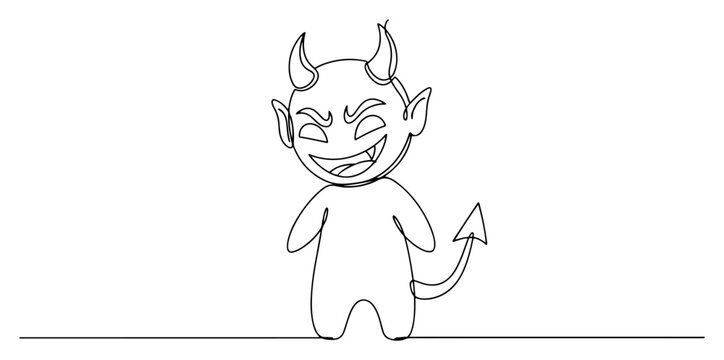 Little devil character with horns and tail in minimalist continuous line art style