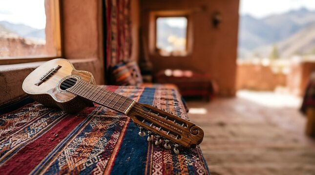 Traditional charango resting on a colorful woven textile in peru