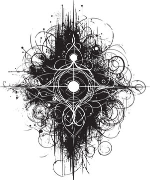 Abstract ink drawing featuring intricate lines, shapes, and spla