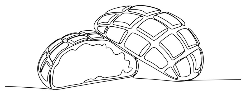 Sweet bread conchas or melon pan loaves in one continuous line art style