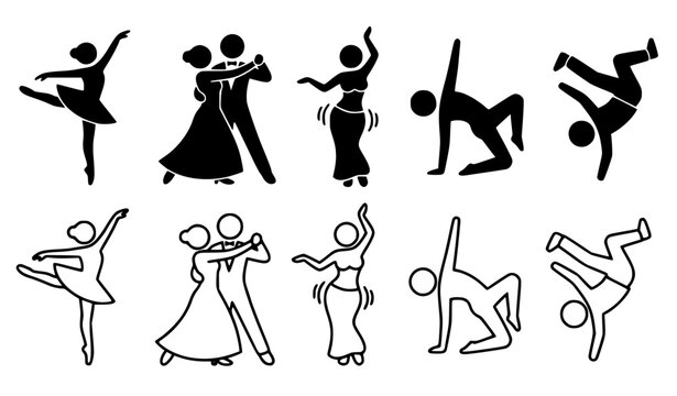 Various Dance Styles Icon Set: Flat Silhouette and Outline Vector Figures