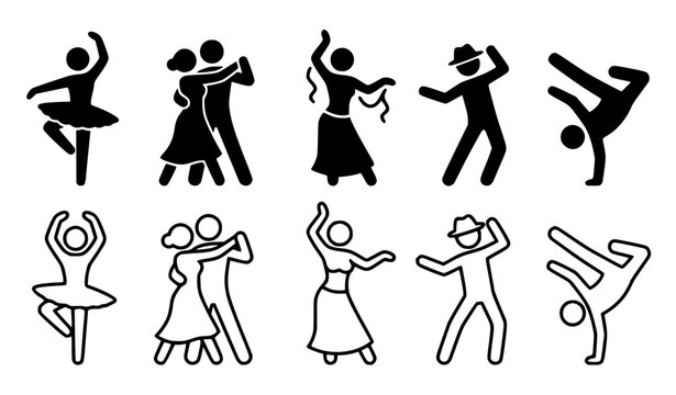 Stick Figure Dancers Icon Collection: Ballet, Ballroom, and Jazz Pictograms