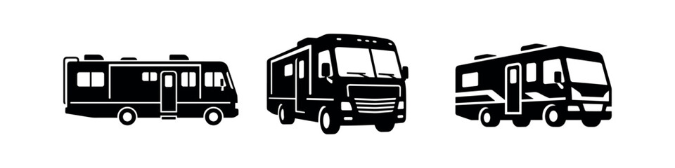 Recreational Vehicle (RV) Motorhome Icons Set. Camper Van Travel Symbols. RV Life Adventures and Road Trip Vacations. © Lili
