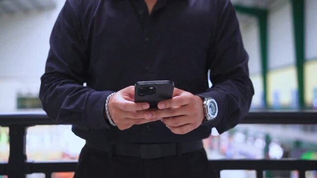 Close up businessman hand holding phone using AI chatbot analysis finance, browsing internet, online shopping. People use smartphone artificial intelligence working management marketing or searching