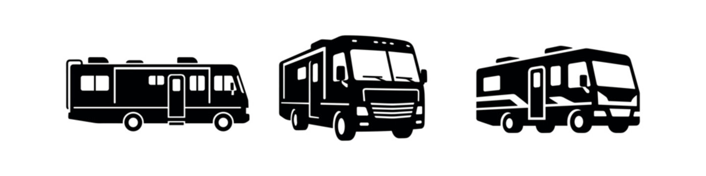Recreational Vehicle (RV) Motorhome Icons Set. Camper Van Travel Symbols. RV Life Adventures and Road Trip Vacations.