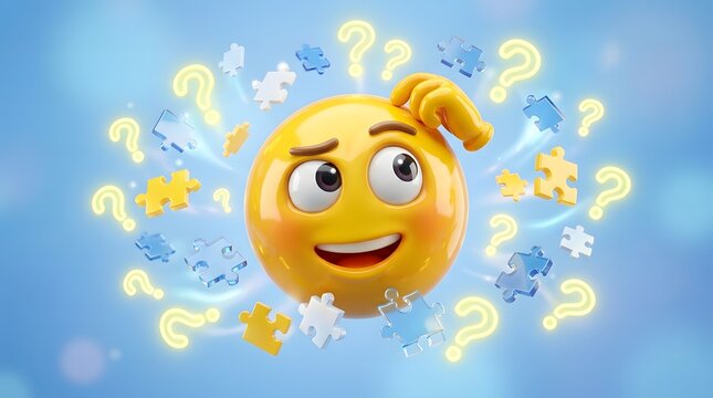 Smiling emoji surrounded by floating question marks and puzzle pieces