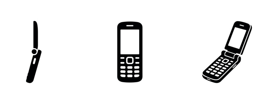 Old Mobile Phone and Flip Phone Icons Set. Retro Cell Phone Symbols. Vintage Communication Devices for Nostalgia.