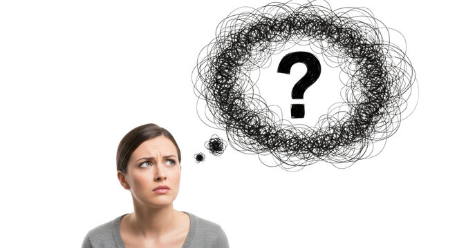 Young caucasian woman, frustrated, gazing at a dense charcoal question mark thought bubble; cropped portrait on transparent with copy space, concept of intellectual confusion and indecision