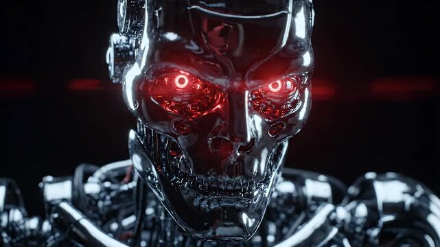 Menacing Robot with Glowing Red Eyes in Dark Background - A close-up, cinematic shot of a metallic robot's head with piercing, glowing red eyes.