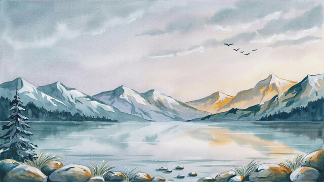 Watercolor landscape painting of snow-capped mountains reflecting in a calm lake with a lone pine tree and rocky shoreline under a cloudy sky