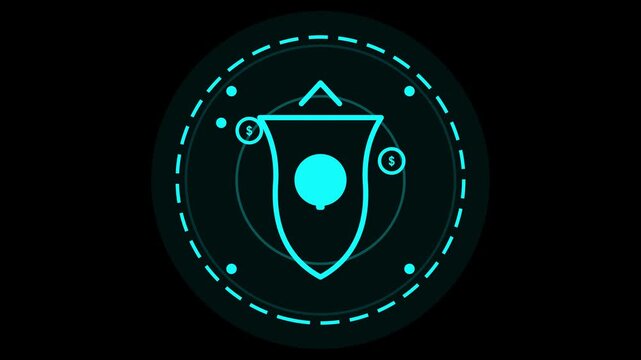 Futuristic neon cyan shield icon interface with digital elements, glowing circular frames, and technical data points on a dark black background