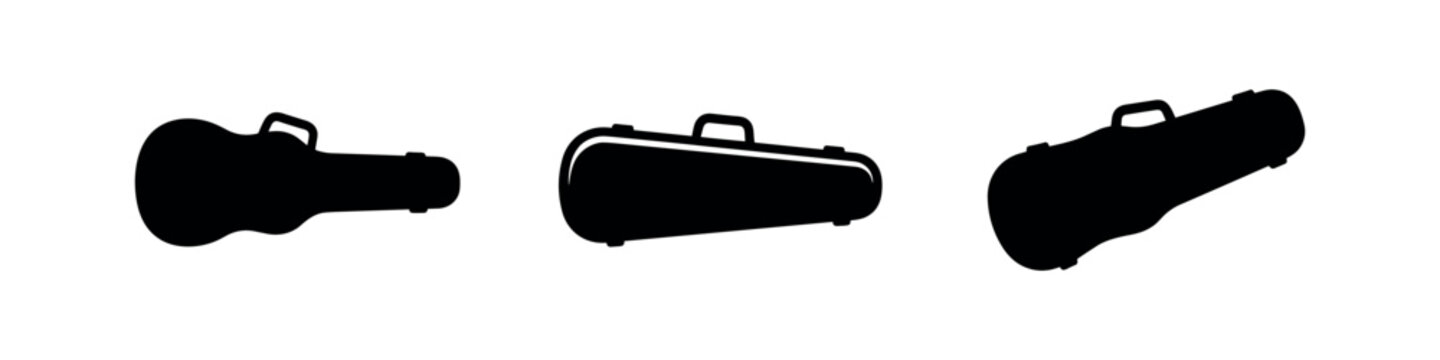 Guitar case musical instrument protector vector icon set. Travel and storage silhouette illustration.