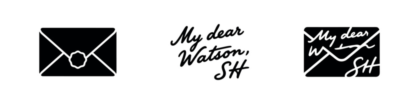 Sherlock Holmes letter to Watson vector icon set. Secret message and correspondence silhouette.