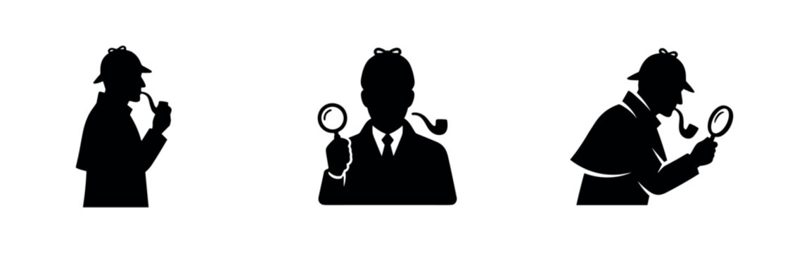 Detective man Sherlock Holmes vector icon set. Investigator with magnifying glass and pipe silhouette.