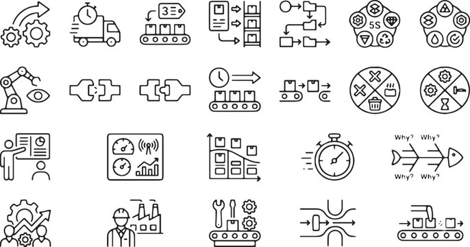 Lean Manufacturing and Kaizen Process Line Icons Pack with 5S Methodology, Value Stream Mapping, Kanban, Just in Time JIT Delivery, and Waste Reduction Symbols
