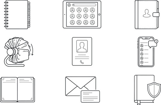 Business Contact and Address Book Line Icon Set Featuring Directory, Rolodex, Phone Contacts, Mail, and Digital Notebook Icons for Office Communication Designs