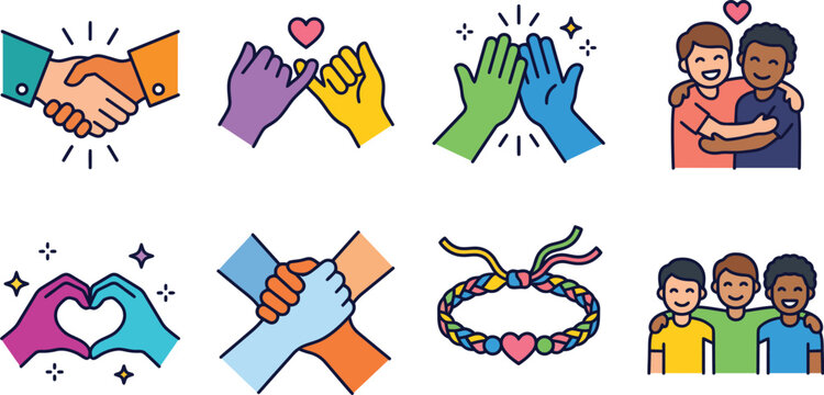Colorful vector graphic icon set displaying diverse hands and people symbols representing friendship unity support collaboration and positive social connection in a modern flat design style 