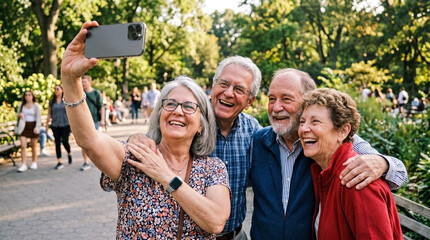 Fototapeta premium Joyful elderly friends taking selfies with phone in park, capturing happy memories. Four senior companions laugh, smile. Inspiring active senior lifestyle, friendship celebration.