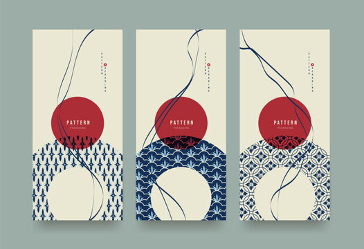Set of Packaging templates japanese style background fabric luxury or premium products. Asian pattern art design.