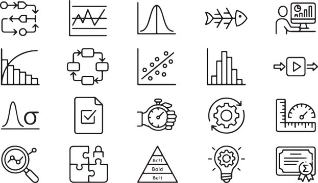 Six Sigma and Lean Manufacturing Line Icons Pack with DMAIC Process, Control Chart, Bell Curve, Ishikawa Fishbone Diagram, Pareto Analysis, and Quality Control Symbols