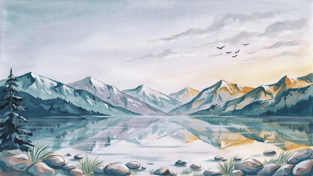 Watercolor landscape painting of snow-capped mountains reflecting in a calm lake, with a lone pine tree and rocky shoreline in the foreground