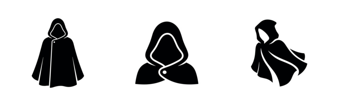 Hooded cloak cape mysterious clothing vector icon set. Fantasy apparel silhouette illustration.