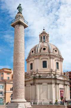 Trajan's Column and the magnificent Baroque Church of Santa Maria di Loreto in Rome, Italy