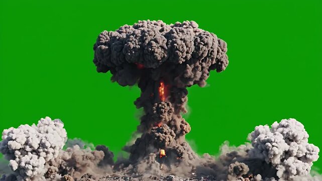 Nuclear Explosion Mushroom Cloud Green Screen - A massive mushroom cloud from a nuclear explosion rises against a vibrant green screen background.