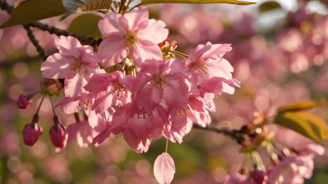 Cherry Blossom Serenity: Delicate pink cherry blossoms adorn a tree branch, bathed in soft sunlight, evoking a sense of spring renewal and natural beauty.