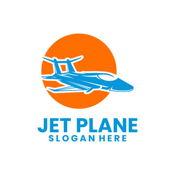 Modern Jet Plane Logo Design with Orange Sun. Jet Plane logo design vector template