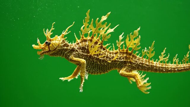 Leafy Sea Dragon underwater: A majestic leafy sea dragon with intricate leaf-like appendages swims gracefully in its natural aquatic habitat, showcasing its stunning camouflage and unique form.