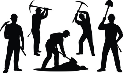 Mining workers silhouette collection pickaxes shovels and labor in black and white © MdAnowar
