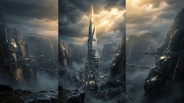 Futuristic megacity skyline at sunrise with glowing towers. Ultra-modern urban architecture emerging through dramatic mist and golden light.