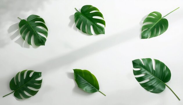 Minimalist flat lay composition of tropical palm leaves on a white background with soft natural shadows, summer botanical concept
