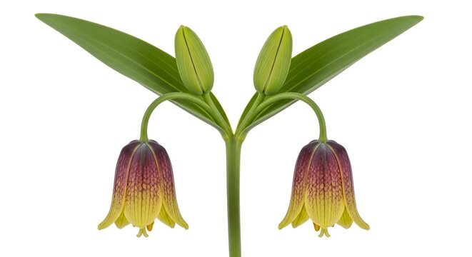 Pair of bell-shaped fritillary flowers with buds hanging downwards on white background.