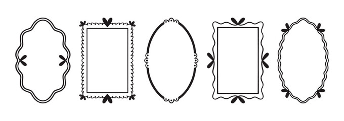 Fototapeta na wymiar Coquette frames set, oval and rectangle. Outline hand drawn ribbons and bows. Crayon borders in vintage style, scalloped edge. Decorative graphic elements, ideal for wedding cards, romantic designs.