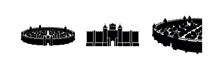 Medieval Fantasy Castle City Silhouette Icons, Fortified Town Citadel Vector Illustrations, Ancient Walled City Stronghold Graphics © Lili