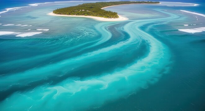 Aerial view of swirling turquoise ocean currents around a tropical island