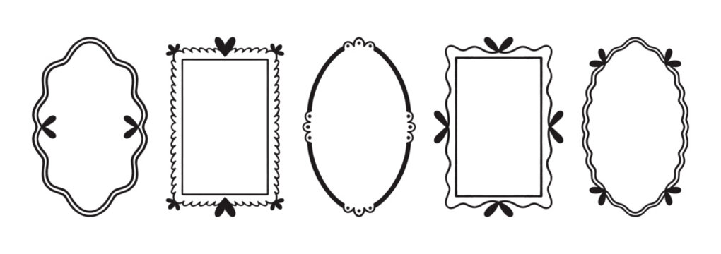 Coquette frames set, oval and rectangle. Outline hand drawn ribbons and bows. Crayon borders in vintage style, scalloped edge. Decorative graphic elements, ideal for wedding cards, romantic designs.
