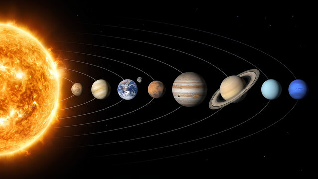 Solar System with Sun and Eight Planets in Orbital Alignment