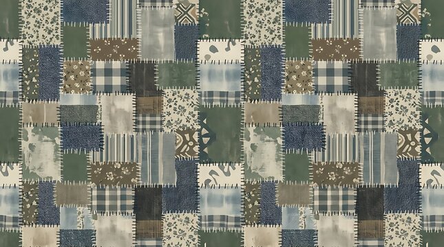 Seamless rustic patchwork fabric pattern in earthy blue and green
