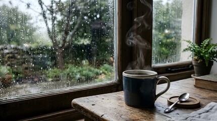 Obraz premium Cozy Coffee Cup on Wooden Table by Rainy Window with Greenery View.