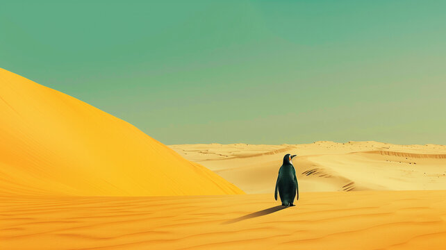 Ping&uuml;ino caminando sobre las dunas del desierto